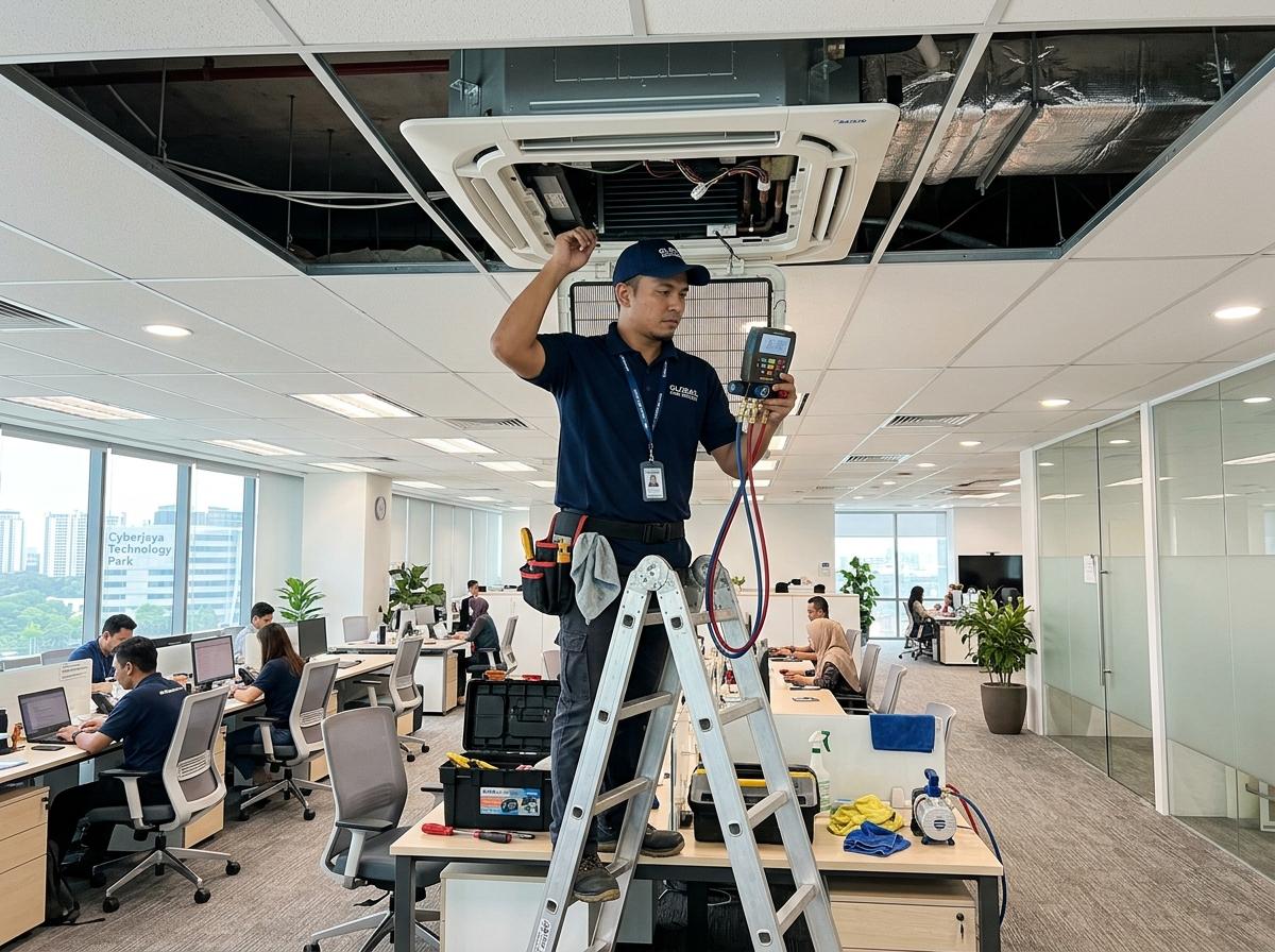 SA Electrical technician servicing a 4-way ceiling cassette in a Klang corporate tech office