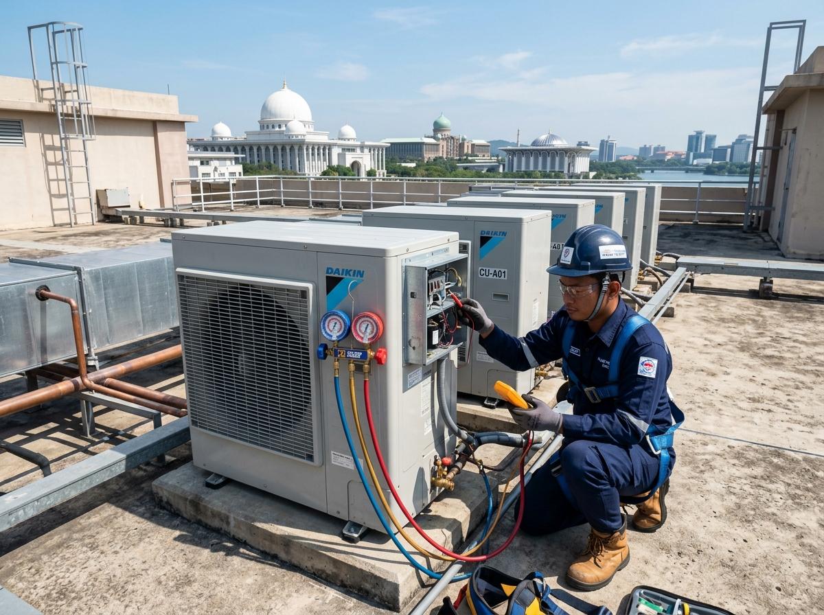 SA Electrical certified technician checking commercial rooftop aircon condenser fleet in Klang