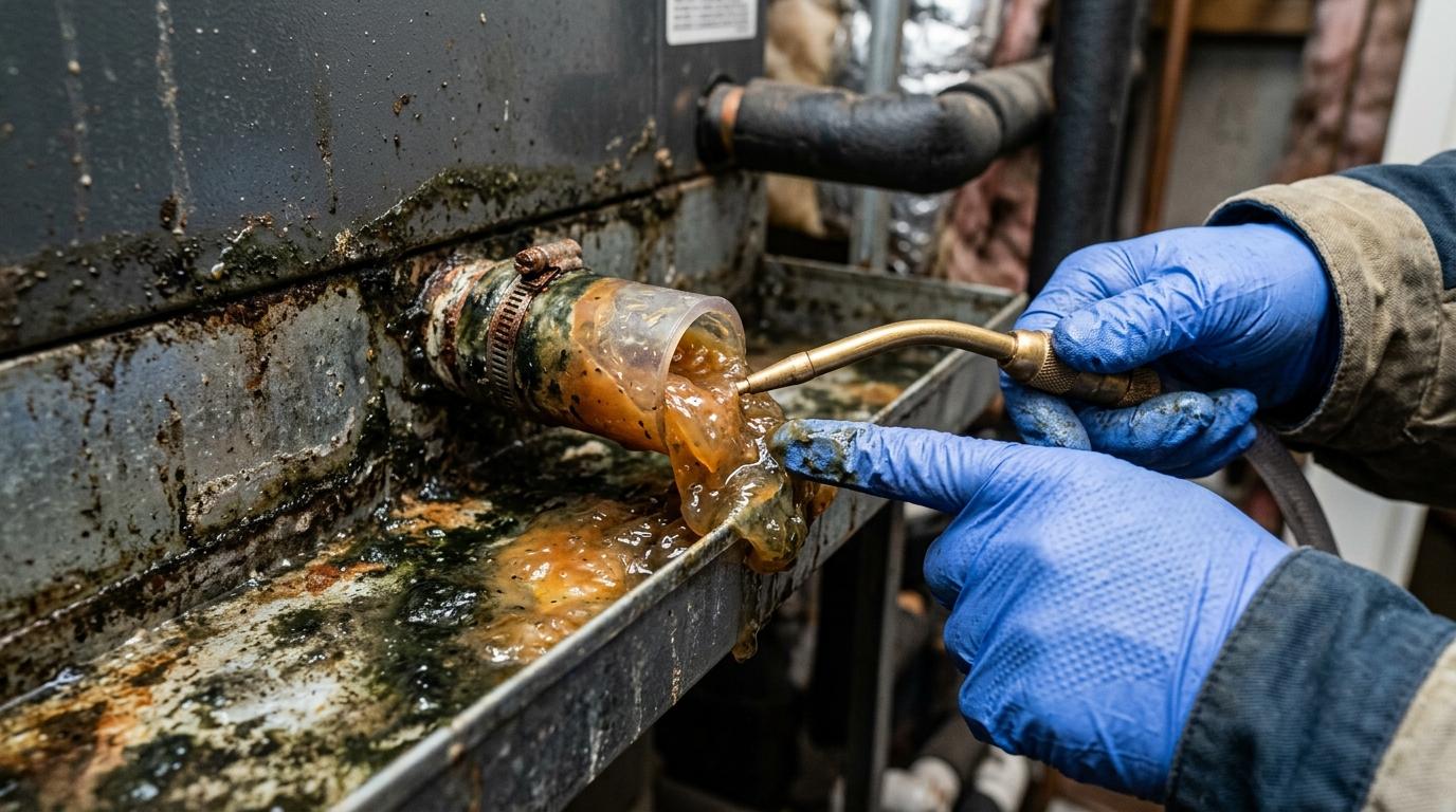 Thick bacterial jelly slime blockage in aircon drain pipe